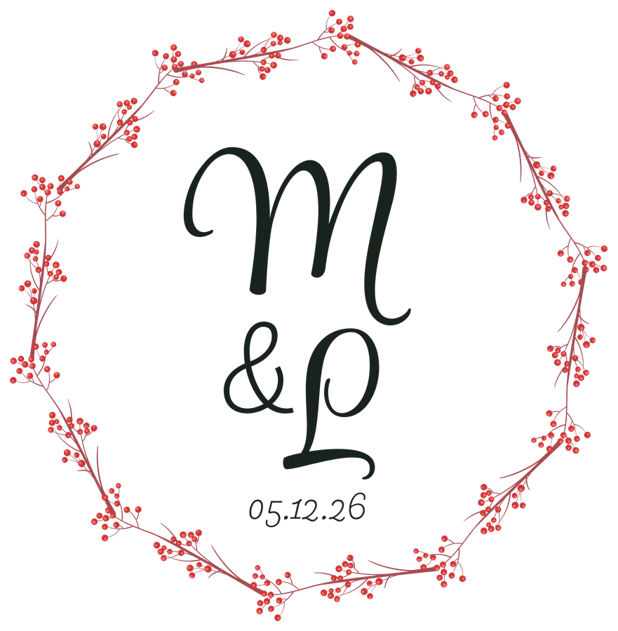 Monograma de Manuel y Lorena con corona de bayas rojas y la fecha 05.12.26